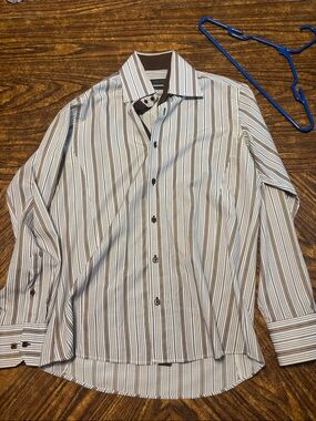 Enzo Angiolini White Dress Shirt with Brown Stripes